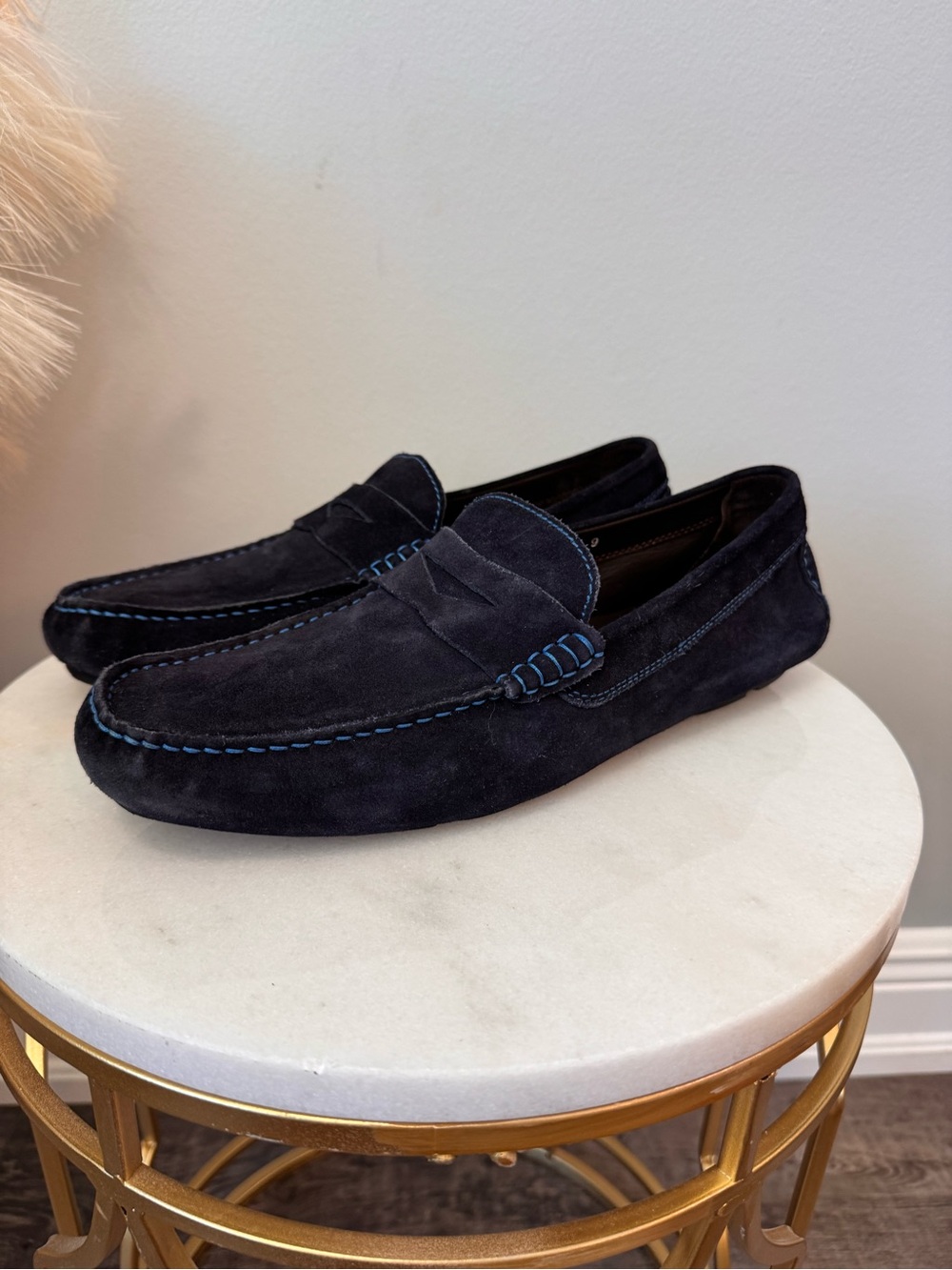 To Boot Navy Suede Penny Loafers with Contrast Stitching - Picture 2 of 11